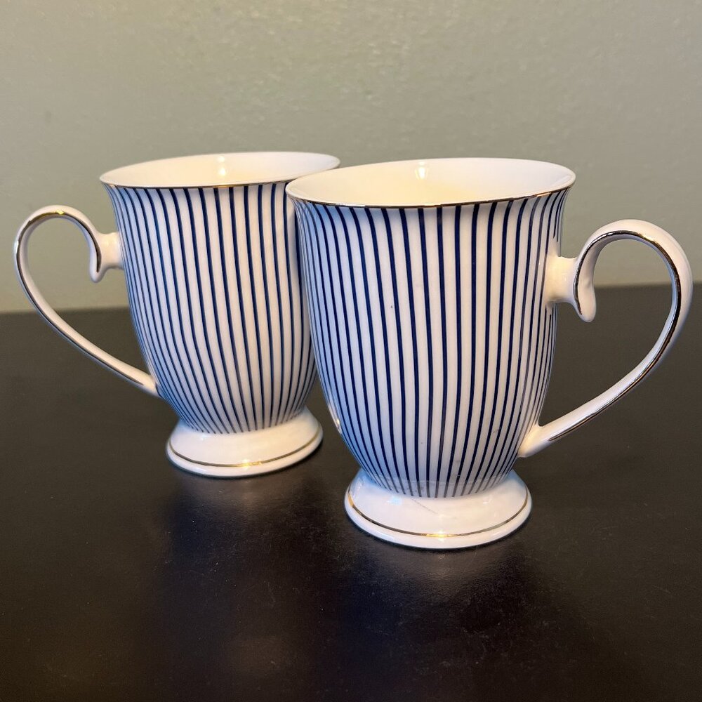 Grace’s Teaware Navy Blue White Pinstripe Gold Footed Coffee Mugs Set of 2